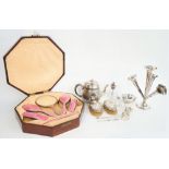 A lady's silver and pink enamel mounted five piece dressing set, comprising; a hand mirror,