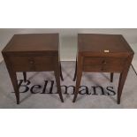 A pair of 20th century hardwood two drawer side tables on splayed supports, 46cm wide x 65cm high,