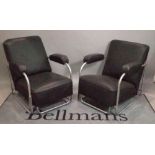 A pair of mid-20th century leather upholstered low open armchairs on chrome tubular supports,