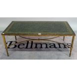 A 20th century brass rectangular coffee table with inset faux marble top on reeded supports,