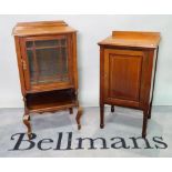 An Edwardian mahogany side cabinet with a glazed door on cabriole supports, 48cm wide x 91cm high,