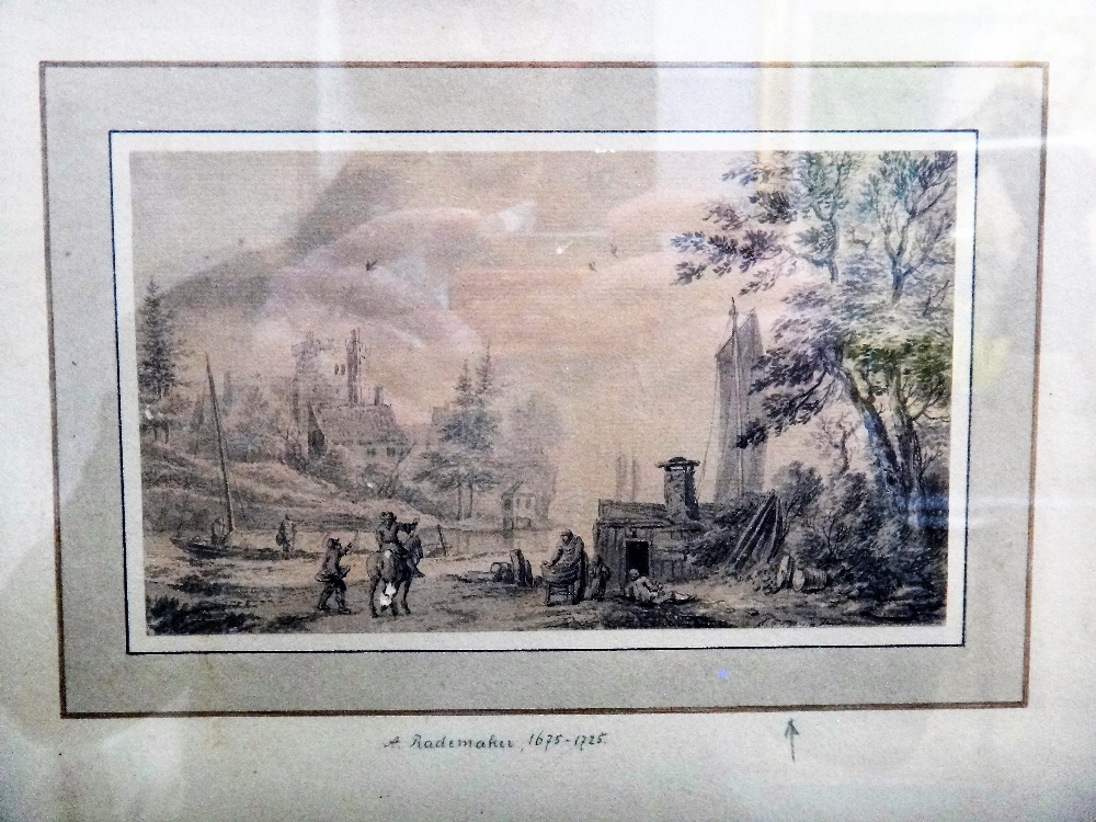 Manner of Abraham Rademaker, landscape with figures, pen, ink and grey wash, 10.5cm x 18cm. - Image 2 of 2