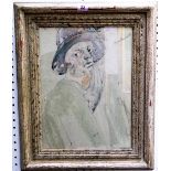 Vera Bassett (1912-1997), Lady in hat, smoking, watercolour and crayon, signed, 39.5cm x 29.5cm.