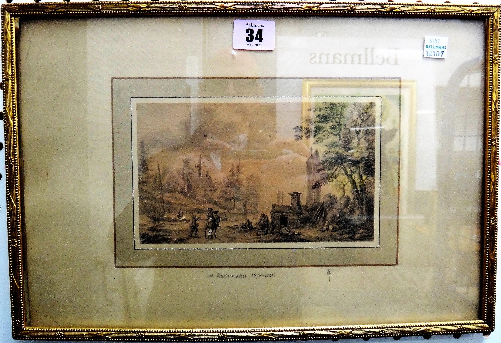 Manner of Abraham Rademaker, landscape with figures, pen, ink and grey wash, 10.5cm x 18cm.