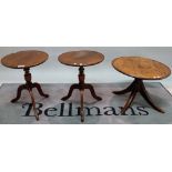 A pair of 19th century oak low tripod tables with downswept supports, 44cm high x 54cm high,