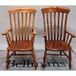 A near pair of 19th century ash and elm stick back open armchairs, ring tuned supports,