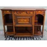 An Edwardian inlaid mahogany side cupboard with single drawer over platform undertier,