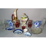 Ceramics and glass including 19th century black and white plates, Bohemian glass bottles,