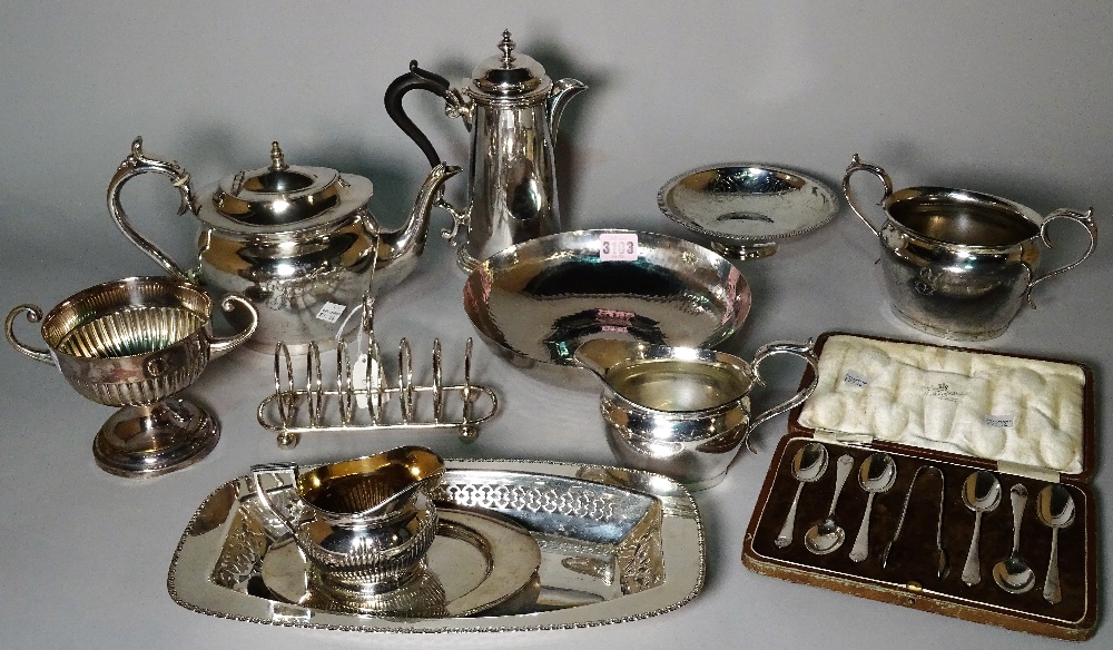 Silver plated wares including teapots, urns, bowls, a toast rack and sundry, (qty).