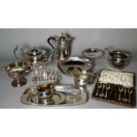 Silver plated wares including teapots, urns, bowls, a toast rack and sundry, (qty).