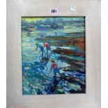 A group of four 20th century oils, including figures on the shore, a lake scene,