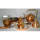 A collection of copper ware including kettles, warming pan, samovar and sundry, (qty).