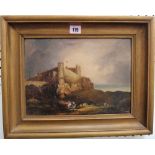 English School (19th century), View of a coastal castle, probably Bamburgh Castle, oil on panel,