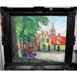 M**van Loocke (20th century), Figures in a square, Bruges, oil on canvas, signed, 58cm x 69cm.