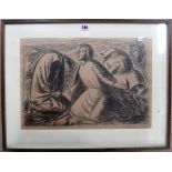 A group of four drawings, including a charcoal of figures, indistinctly signed, a pastel of cherubs,