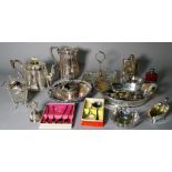 Silver plated wares including bowls, a quantity of condiment spoons, napkin rings,