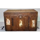 A 19th century oak and canvas bound zinc lined travelling trunk, 90cm wide x 56cm high.