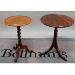 A 19th century mahogany tripod table, circular dished top on ring turned column,