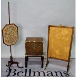 A George III style stained beech and brass mounted lift top box on stand, 36cm wide x 60cm high,