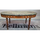 A Continental oval walnut coffee table with green marble top and applied porcelain plate decoration,
