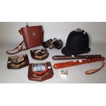 Collectables including a police helmet, two truncheons, three plaques, binoculars and sundry, (qty).