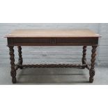 A 19th century oak rectangular centre table with pair of frieze drawers, on barley twist supports,