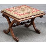 A Victorian walnut square footstool on 'X' frame support, 54cm wide x 41cm high.