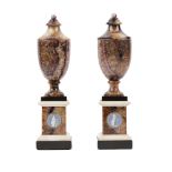 A pair of George III Blue john Derbyshire spa, marble and jasperware-mounted urns,