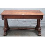 A George III mahogany two drawer rectangular centre table, on turned supports and carved paw feet,