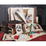 Romek Arpad (1883-1960), A trompe l'oeil still life of books and papers on a table, oil on canvas,