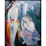 After Marie Laurencin, Jeunes Filles, over painted print, inscribed on reverse, 24cm x 19cm.