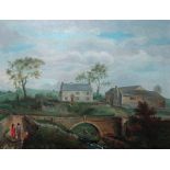 English Provincial School (19th century), View of a farm in a landscape, with figures by a bridge,