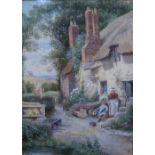 Follower of Myles Birket Foster, Cottage scene, watercolour, bears a monogram, 17cm x 12cm.