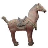 A pair of modern polychrome painted wooden Tang horses, each in standing pose, 96cm high.