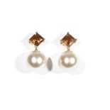 A pair of citrine and cultured pearl pendent earrings by Autore,