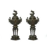 A pair of Japanese bronze vases and covers, early 20th century,