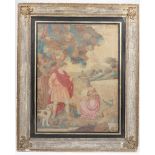 A Regency silkwork picture depicting a figural harvest scene in a distressed gilt and painted