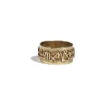 A yellow precious metal band ring, applied with zodiac symbols, to a textured band, ring size O, 5.