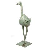 A modern metal bird sculpture, probably an ostrich, green painted with distressed finish,