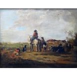 Continental school (early 20th century), Man on horseback with peasants and oxen, oil on canvas,