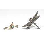 A yellow precious metal, seed pearl and turquoise set bar-brooch designed as a bee in flight,