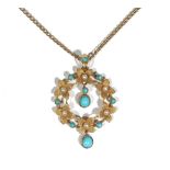 A turquoise and seed pearl-set pendant necklace,