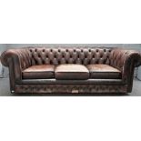 A brown leather button back Chesterfield sofa, with studded decoration, 210cm wide x 70cm high.