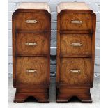 A pair of 1930s walnut three drawer bedside tables, on bracket feet, 27cm wide x 69cm high.