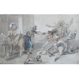 Follower of Thomas Rowlandson, 'Swept aside', pen, ink and watercolour, bears a signature and date,