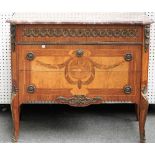 A near pair of Louis XVI style gilt metal mounted marquetry inlaid mahogany marble top three drawer