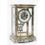 A French brass and champleve enamel four glass mantel clock, late 19th/ early 20th century,