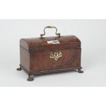 A mid-18th century mahogany dome top tea caddy on gilt metal paw feet, 27cm wide x 16cm high.