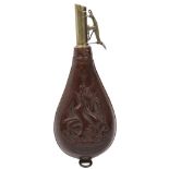 James Dixon & Sons, an early 19th century leather and brass shot flask, embossed with hanging game,