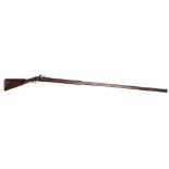 An 18th century flintlock rifle with tapering steel barrel, 148cm, plain steel lockplate,